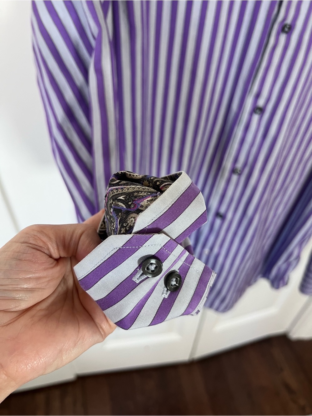 Robert Graham Purple and Grey Vertical Stripe Dress Shirt - Picture 4 of 8